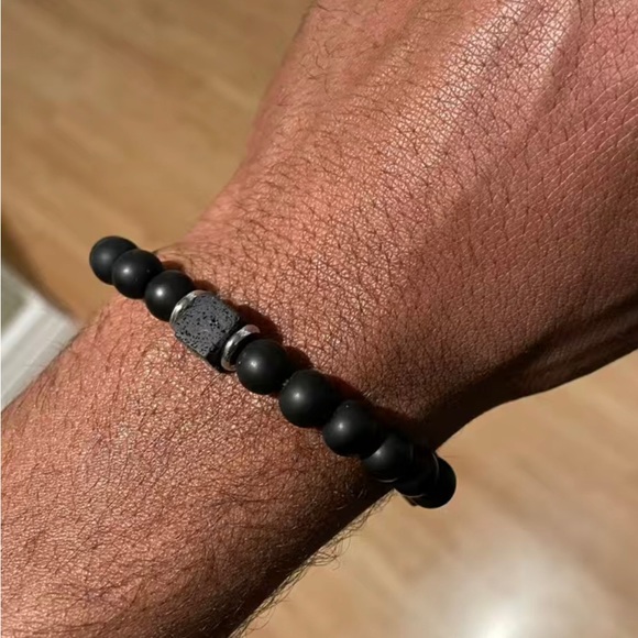 Matte Black Onyx Cubic Lava Stone Beaded Bracelet Stretch Bracelet Men’s NWT - Picture 7 of 10